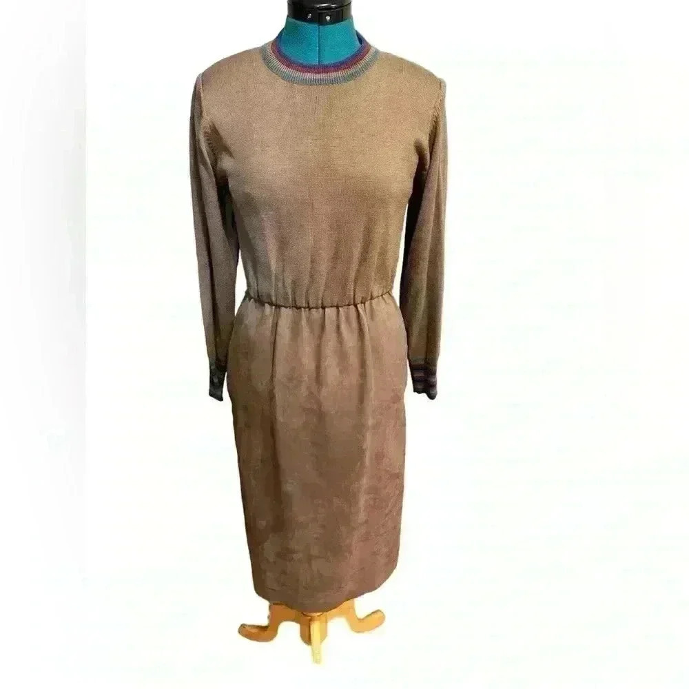 Vintage Ciao Ltd Plaid Sweater Gray Taupe Suede Dress Jacket 2 Piece Set Size 4 - Picture 4 of 16